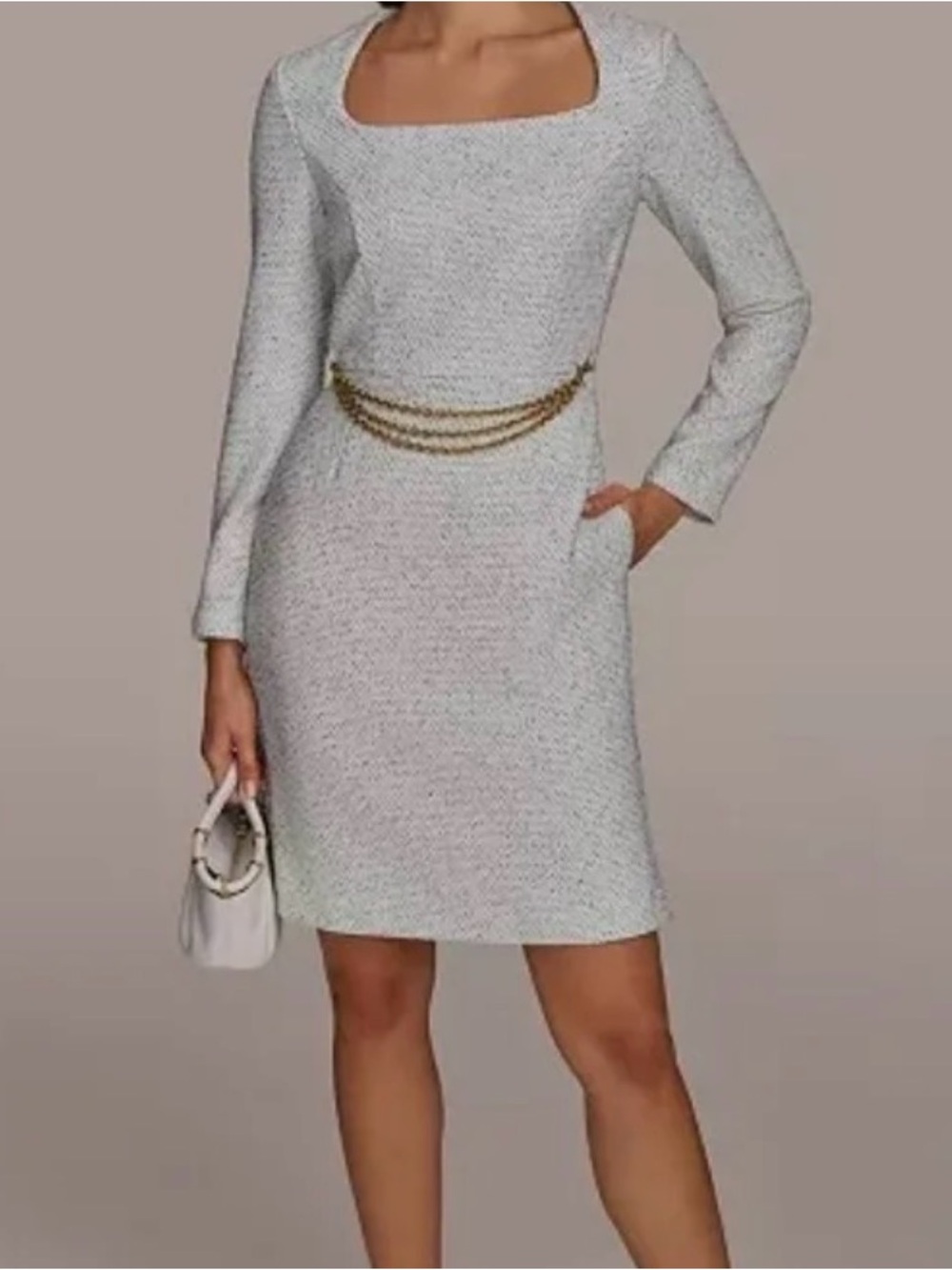 Donna Karan Light Gray Square-Neck Long-Sleeve Tweed Dress